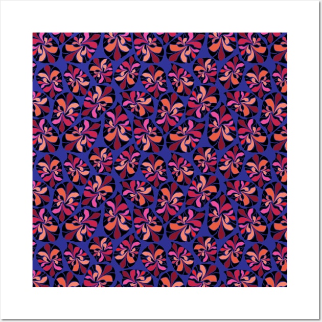 African inspired abstract leaves. Orange, pink, coral, red, peach and black leaves on a vivid blue background. Wall Art by Sandra Hutter Designs